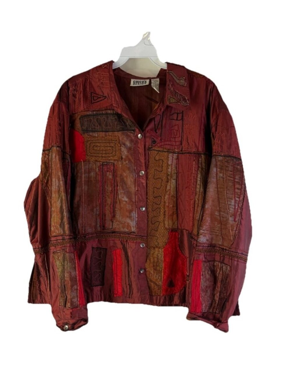 Vintage 90s Lagenlook Silk Patchwork Embroidered Button Shirt Jacket